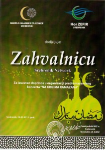 Za izuzetan doprinos u organizaciji predramazanskog koncerta "Na krilima Ramazana"