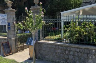 Ulaz u smještaj u Dubrovniku, s kamenim stubovima, metalnom ogradom i natpisom „Apartment Sobe Rooms“.