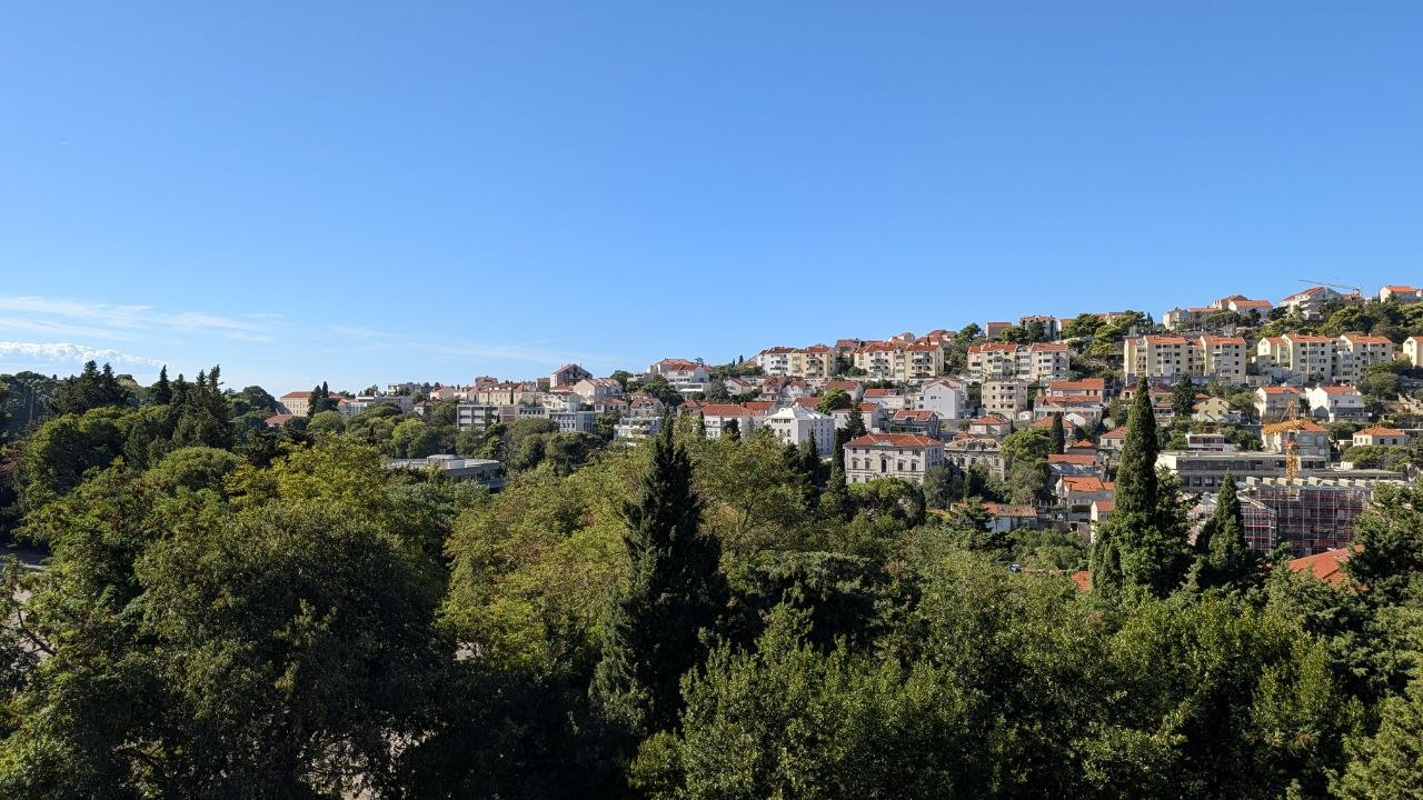 Panorama dubrovačkih zgrada i zelenila na padini.
