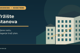 Ilustracija tržišta stanova u Srebreniku, s apstraktnim prikazom stambenih zgrada i uzlazne linije cijena.