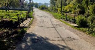 Oštećena asfaltna cesta s pukotinama i zakrpama između kuća i zelenila